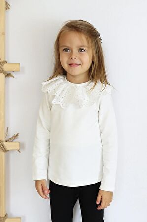 Kız Çocuk Ekru Uzun Kollu Bisiklet Yaka Fisto Detaylı 23 Nisan Body Bluz