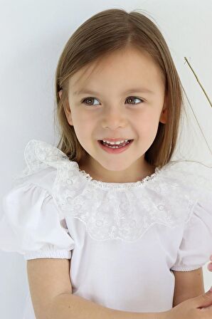 Kız Çocuk Ekru Bisiklet Yaka Dantelli Kısa Kol 23 Nisan Abiye Bluz Gömlek