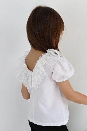 Kız Çocuk Ekru Bisiklet Yaka Dantelli Kısa Kol 23 Nisan Abiye Bluz Gömlek