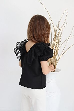 Kız Çocuk Siyah Bisiklet Yaka Dantelli Kısa Kol 23 Nisan Bluz Gömlek Abiye