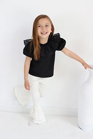Kız Çocuk Siyah Bisiklet Yaka Dantelli Kısa Kol 23 Nisan Bluz Gömlek Abiye