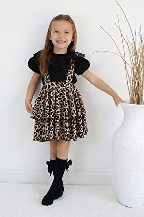 Kız Çocuk Helen Leopar Askılı Bağlama Jile 29 Ekim Elbise Siyah Dantel Kısa Kollu Bluz Abiye Takım