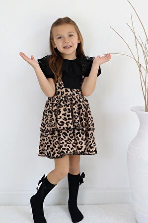 Kız Çocuk Helen Leopar Askılı Bağlama Jile 29 Ekim Elbise Siyah Dantel Kısa Kollu Bluz Abiye Takım