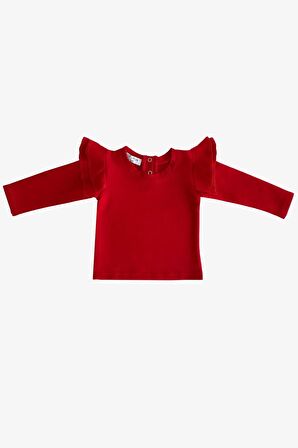 Kız Çocuk Kırmızı Omuz Fırfırlı Bisiklet Yaka Yılbaşı Body Sweatshirt