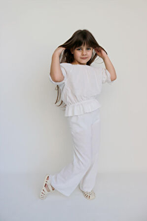 Kız Çocuk Gloria Beyaz Şile Bezi Bluz Pantolon Takım