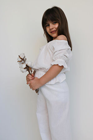 Kız Çocuk Gloria Beyaz Şile Bezi Bluz Pantolon Takım