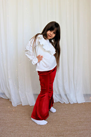 Kız Çocuk Velvet Uzun Kollu Fırfırlı Body Bluz Ispanyol Kadife Tayt Pantolon Takım Kırmızı