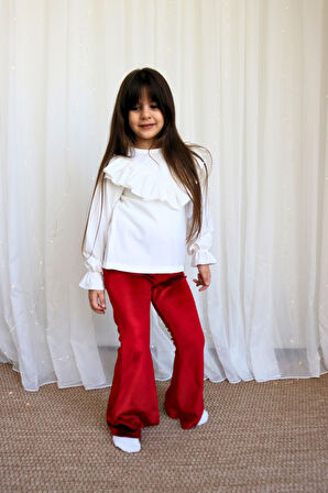 Kız Çocuk Velvet Uzun Kollu Fırfırlı Body Bluz Ispanyol Kadife Tayt Pantolon Takım Kırmızı