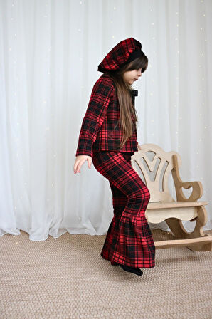 Kız Çocuk Kırmızı Lizbon Jakarlı Ekose Ceket Pantolon Kep Alt Üst Yılbaşı Takım