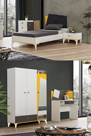 Giallo Genç Odası - 3 Kapılı Dolap, Karyola, Komodin, Masa, Şifonyer