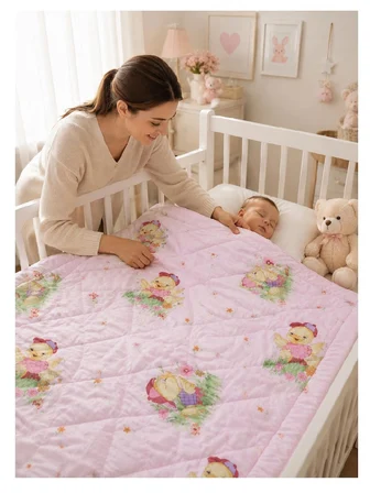 Antik Bebek Yorganı 100x150 cm Pamuklu Açık Pembe Desenli Bebek Yorgan
