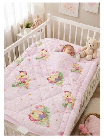 Antik Bebek Yorganı 100x150 cm Pamuklu Açık Pembe Desenli Bebek Yorgan