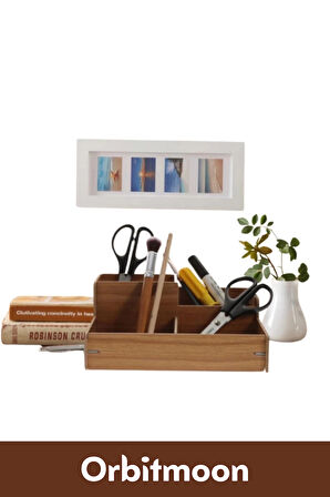 Premium 4 Gözlü Bölmeli Demonte Kalem Makyaj Kırtasiye Malzemesi Ahşap Masaüstü Düzenleyici Kutu