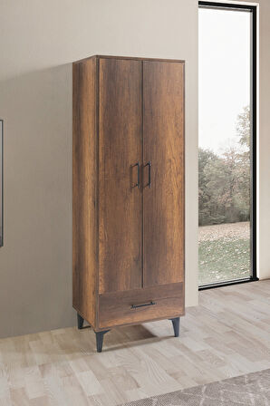 Dolap, Blesk 2 Kapaklı Çekmeceli Askılıklı Koyu Ceviz Gardırop