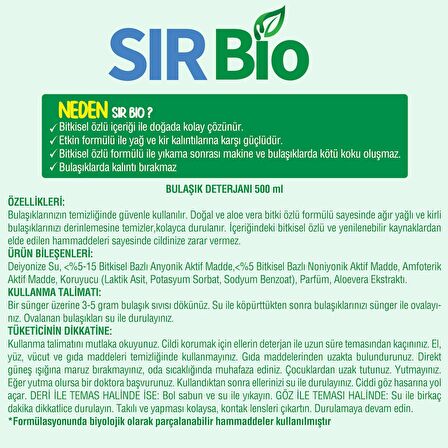 Sır Bio Elde Bulaşık Deterjanı 500 ml 12'li