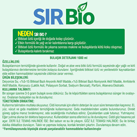 Sır Bio Bitkisel Özlü Elde Bulaşık Deterjanı 1000 ml Pompalı Şişe 2'li