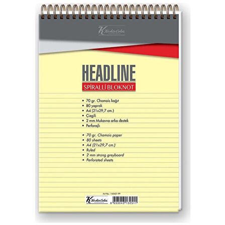 KESKİN COLOR HEADLINE 21X29.7 A4  SPİRALLİ KARTON KAPAK BLOKNOT ÇİZGİLİ 80YP