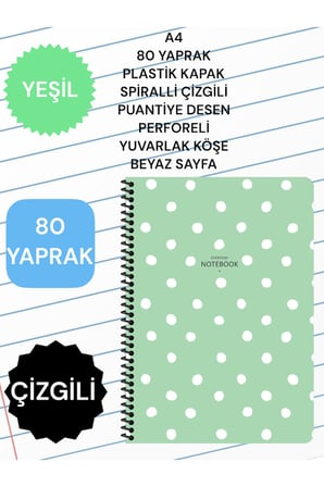 A4 80 YAPRAK PLASTİK KAPAK SPİRALLİ ÇİZGİLİ PUANTİYE DESEN PERFORELİ YUVARLAK KÖŞE BEYAZ SAYFA