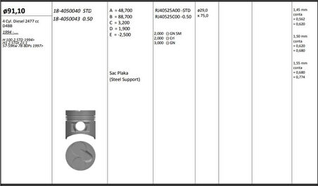 Hyundaı Ticarı Motor Piston+segmanı ( Riken )  91,10+stdmm Cap H100 2.5td H1 2.5tdi 21;1 57-59kw 78-80ps D4bb 4 Sil - Kingpiston 18-4050040