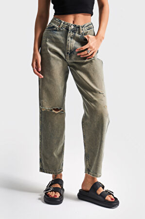 Kadın T.Kot Rengi 12s5-46 Relax Fit %100 Koton Yırtık Detaylı Denim Jean