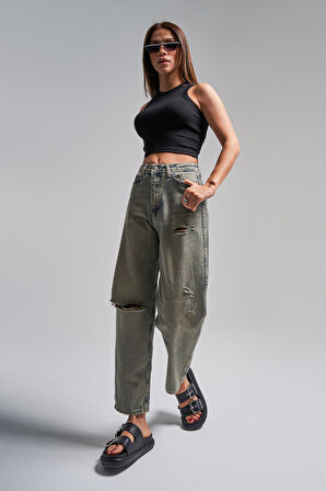 Kadın T.Kot Rengi 12s5-46 Relax Fit %100 Koton Yırtık Detaylı Denim Jean