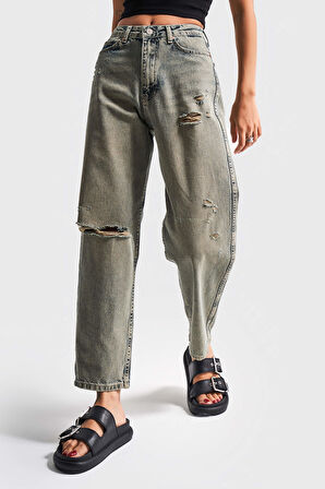 Kadın T.Kot Rengi 12s5-46 Relax Fit %100 Koton Yırtık Detaylı Denim Jean