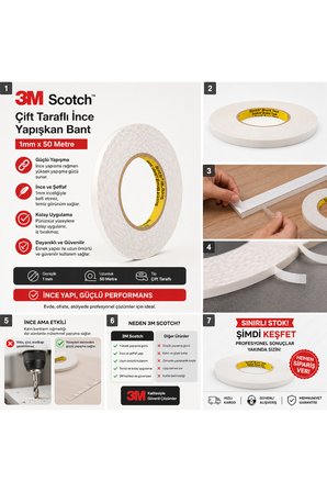 Çift Taraflı Bant 1 mm x 50 Metre Güçlü Beyaz Yapıştırıcı Bant