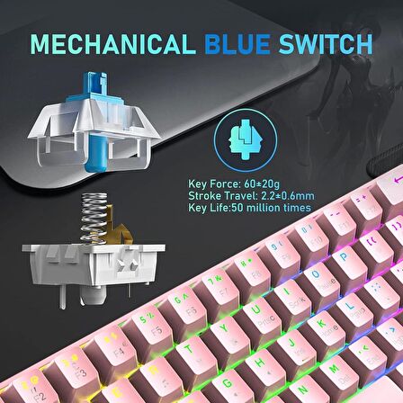 T60 Blue Switch Pembe Türkçe Q Gaming Typ-C Oyuncu Klavyesi