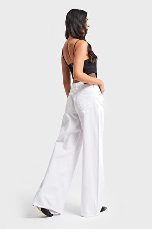 Kadın Beyaz Renk Palazzo Fit Bol Kesim Denim Pantolon