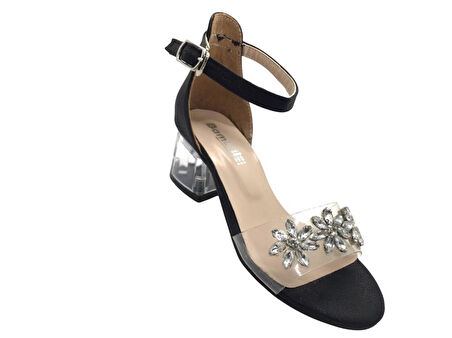 Genç Kız Çocuk Bilekten Bağlamalı Sedef Şeffaf Taş Detaylı Topuklu Abiye Ayakkabı