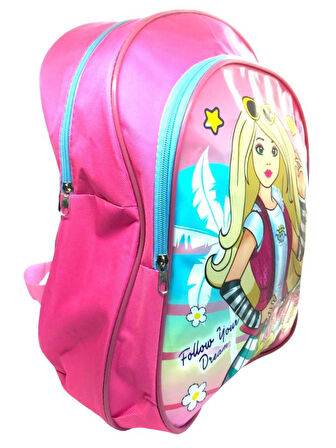 Kız Çocuk Pembe Brbi Baskılı 2 Bölmeli İlkokul Çantası Seti 