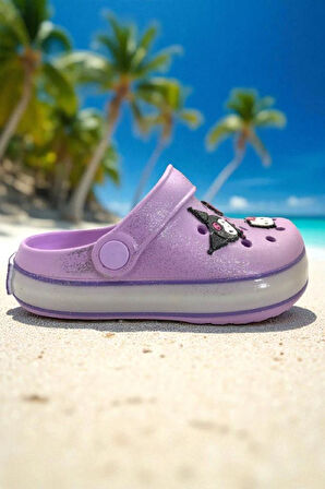 Kız Çocuk Lila Kuromi Baskılı Tabanı Işıklı Plaj Havuz Terliği & Sandaleti