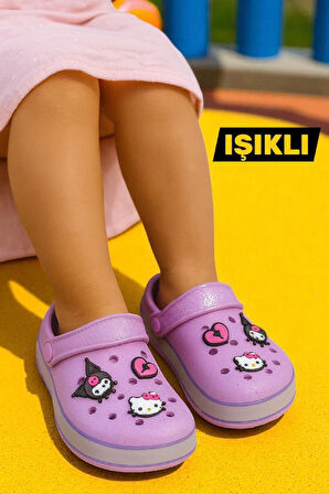 Kız Çocuk Lila Kuromi Baskılı Tabanı Işıklı Plaj Havuz Terliği & Sandaleti