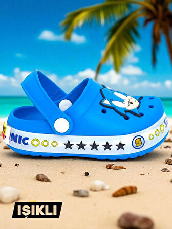 Erkek Çocuk Kaymaz Taban Sonic Figürlü Işıklı Plaj Havuz Terliği Sandaleti 