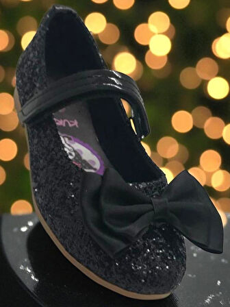 Kız Çocuk Elsalı & Kuromili Parlak Pullu Fiyonklu Babet Ayakkabı