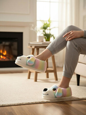 Sevimli Köpek Figürlü Peluş Panduf Yumuşak Puf Hayvanlı Panduf