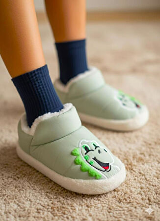 Erkek Çocuk Hayvanlı Kışlık Yumuşacık İçi Yünlü Mavi Ev Pandufu 