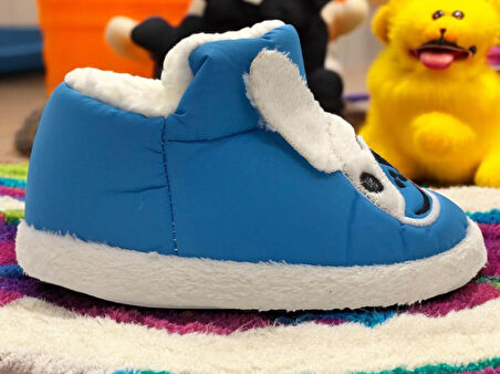 Erkek Çocuk Hayvanlı Kışlık Yumuşacık İçi Yünlü Mavi Ev Pandufu 