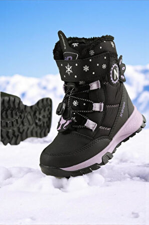 Kız Çocuk Suya Ve Soğuk Havaya Dayanıklı Kaymaz Taban Cırtlı Lacivert Pembe Kar Botu 