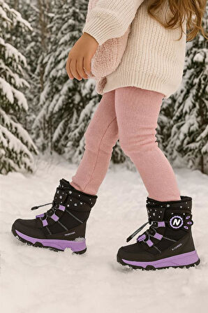 Kız Çocuk Suya Ve Soğuk Havaya Dayanıklı Kaymaz Taban Cırtlı Lacivert Pembe Kar Botu 