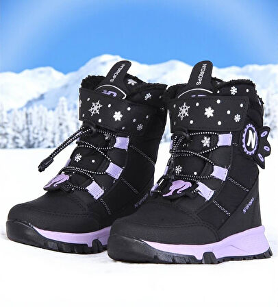 Kız Çocuk Suya Ve Soğuk Havaya Dayanıklı Kaymaz Taban Cırtlı Lacivert Pembe Kar Botu 