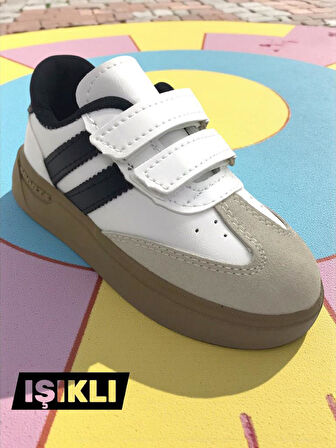 Günlük Unisex Çocuk Şeritli Siyah Beyaz Işıklı Sneaker Cırtlı Hafif Rahat Spor Ayakkabı