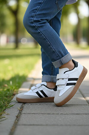 Günlük Unisex Çocuk Şeritli Siyah Beyaz Işıklı Sneaker Cırtlı Hafif Rahat Spor Ayakkabı