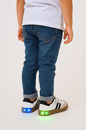 Günlük Unisex Çocuk Şeritli Siyah Beyaz Işıklı Sneaker Cırtlı Hafif Rahat Spor Ayakkabı