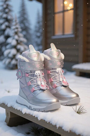 Kız Çocuk Suya Ve Soğuk Havaya Dayanıklı Kaymaz Taban Cırtlı Lacivert Pembe Kar Botu 