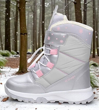 Kız Çocuk Suya Ve Soğuk Havaya Dayanıklı Kaymaz Taban Cırtlı Lacivert Pembe Kar Botu 