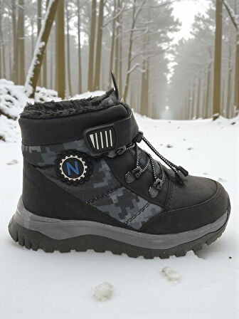 Erkek Çocuk Suya Soğuk Havaya Dayanıklı Cırtlı İçi Kürklü Siyah Kar Botu 