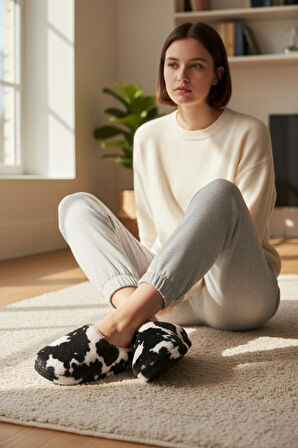 Kadın Tüylü Pofuduk  Ev Terliği Ses Yapmayan Yumuşak Rahat Kauçuk Taban İçi Yünlü Kışlık Terlik