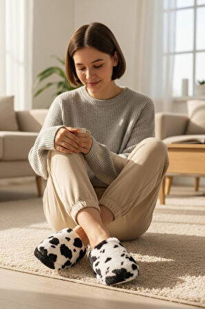 Kadın Tüylü Pofuduk  Ev Terliği Ses Yapmayan Yumuşak Rahat Kauçuk Taban İçi Yünlü Kışlık Terlik