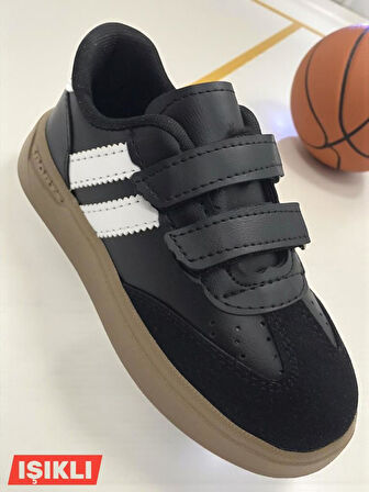 Günlük Unisex Çocuk Şeritli Siyah Beyaz Işıklı Sneaker Cırtlı Hafif Rahat Spor Ayakkabı